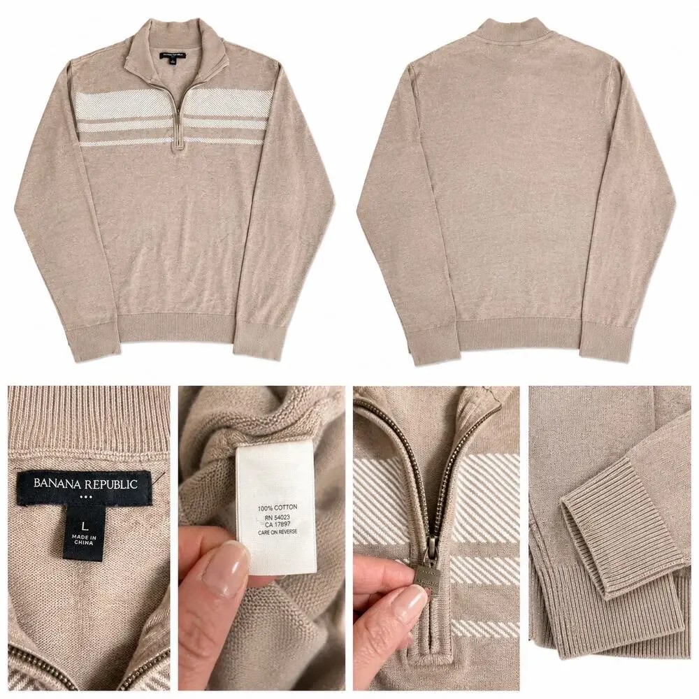 Banana Republic Mens 100% Cotton Quarter Zip Sweater Beige Size L